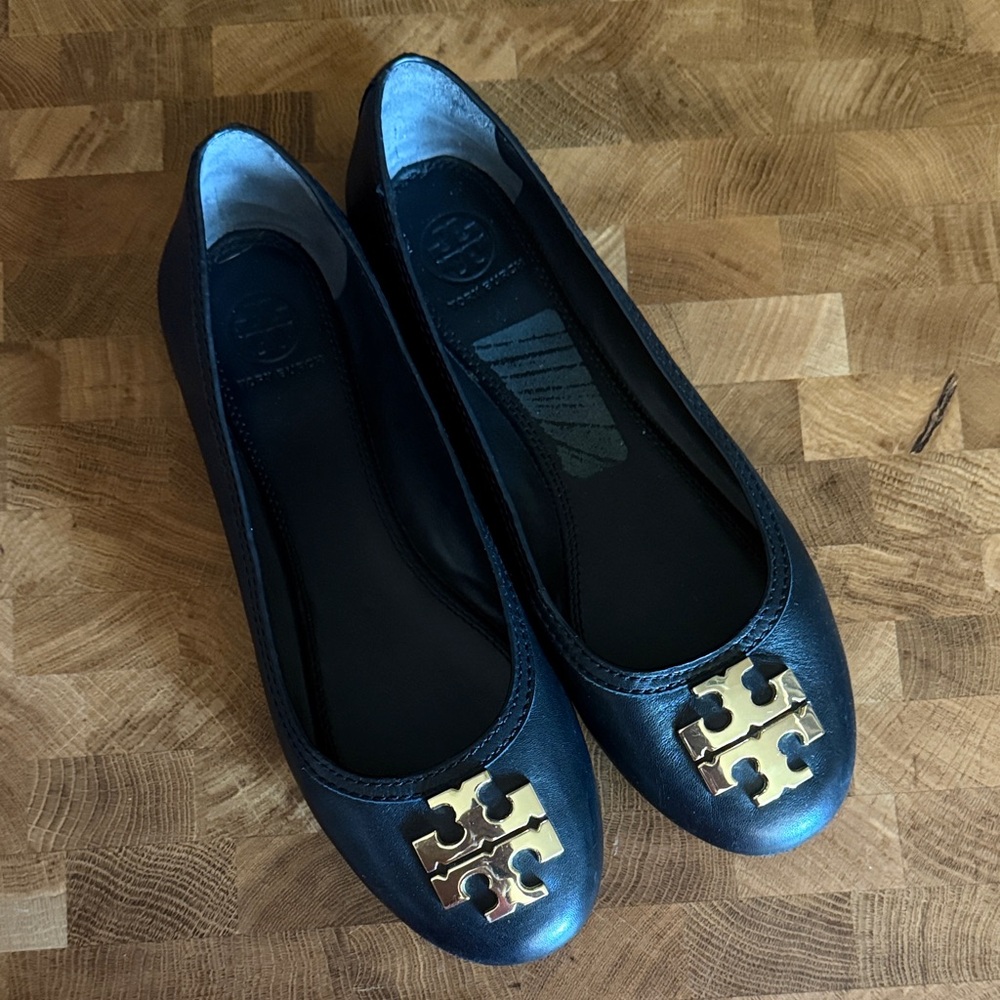 Tory Burch Black Ballet Flats with Gold Logo